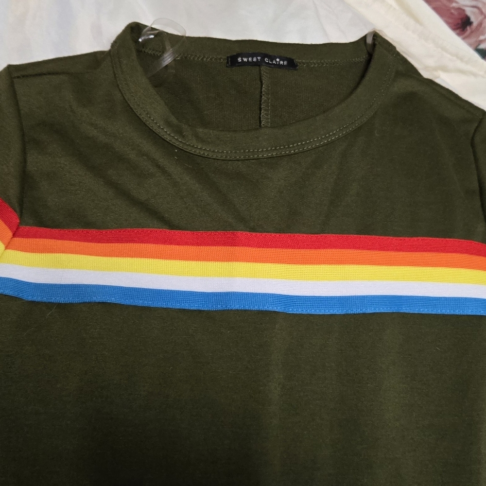 Sweet Claire Olive Top with Rainbow Stripes